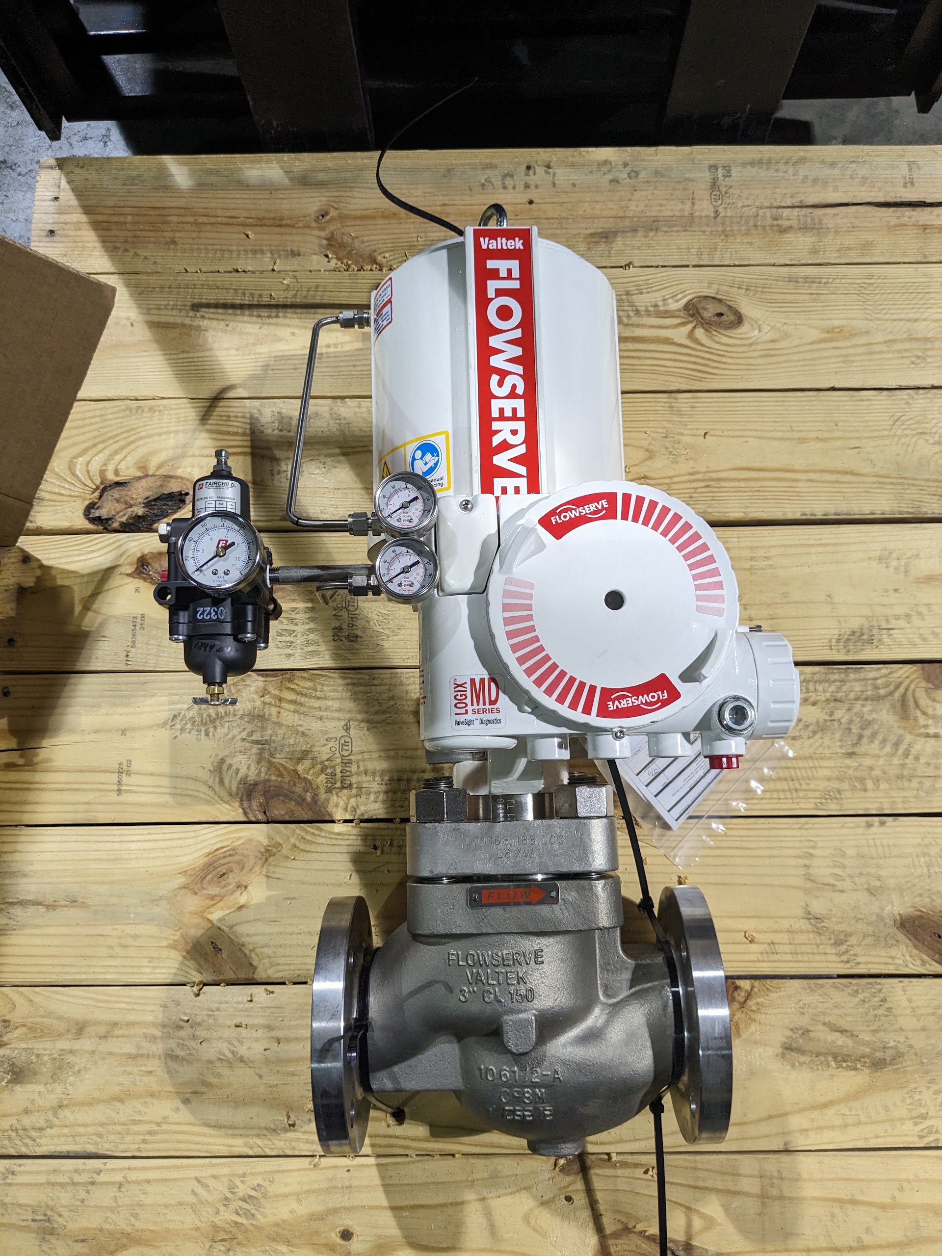 Flowserve control valve package with positioner and filter regulator crated for shipment