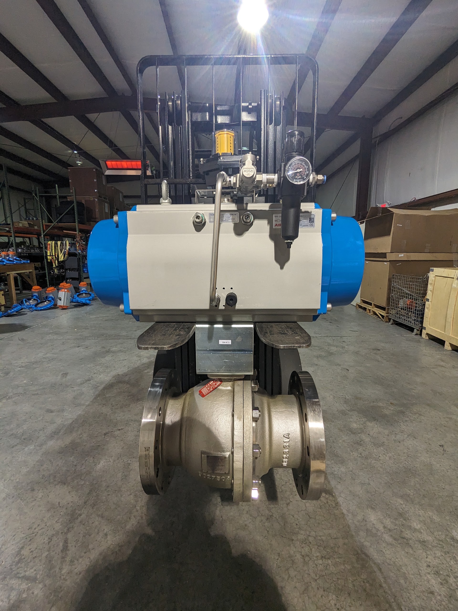 Stainless trunnion ball valve with pneumatic actuator, solenoid, and regulator, assembled and tagged